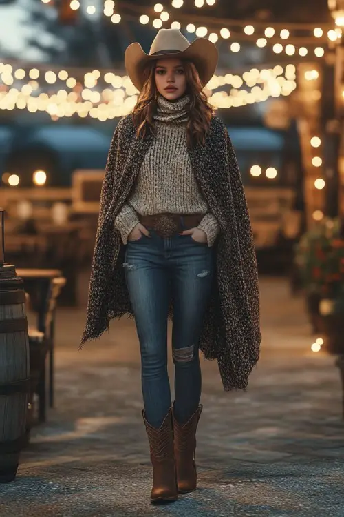 A fashionable woman in a wool cape over a knit sweater and skinny jeans, paired with brown cowboy boots