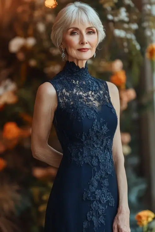 A fashionable woman over 50 in a deep navy sleeveless gown with a high neckline, floral appliqués, and a dramatic flowing train