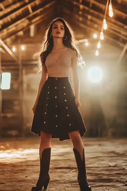 A fashionable woman wearing a structured midi skirt with button details, paired with a sleeveless ribbed top and pointed western boots