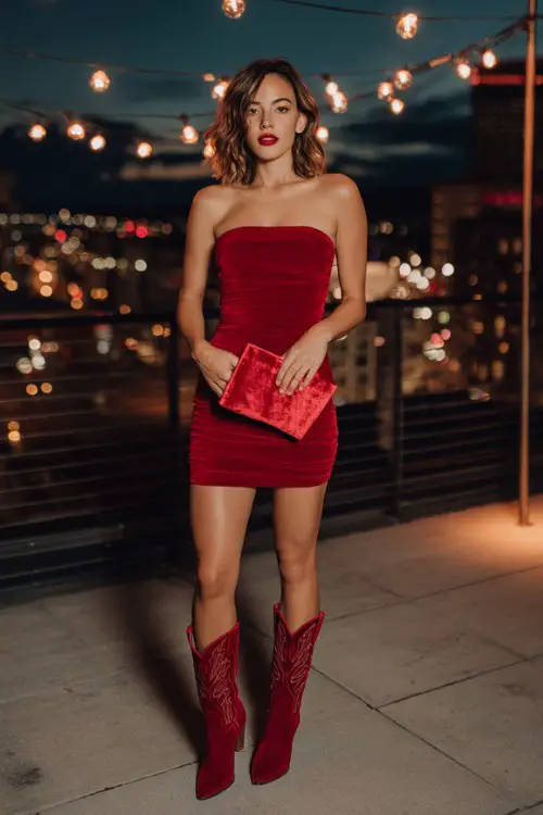 A glam woman in a strapless red bodycon dress and red cowboy boots, holding a red velvet clutch