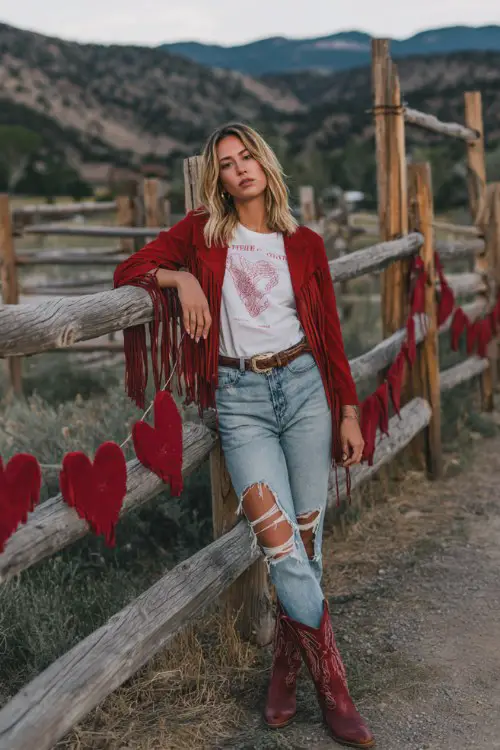 A laid-back look with a woman in a white graphic tee tucked into ripped jeans, styled with red cowboy boots and a red fringe jacket