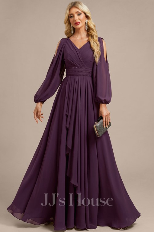 A-line Cold Shoulder V-Neck Floor-Length Chiffon Mother of the Bride Dress With Cascading Ruffles Beading