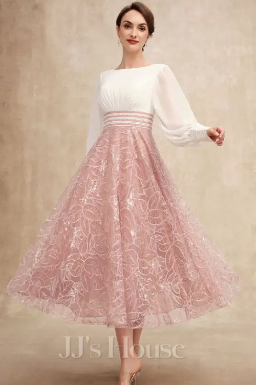 A-line Scoop Tea-Length Chiffon Lace Evening Dress With Pleated Sequins Beading