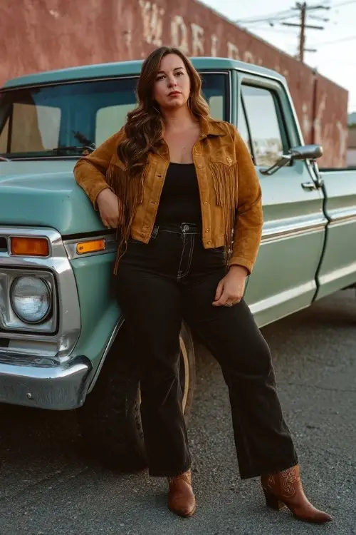 A plus size woman over 30 wears a suede fringe jacket over a fitted tank and black bootcut jeans with classic brown cowboy boots