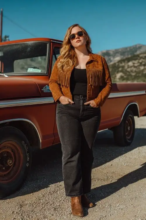 A plus size woman over 30 wears a suede fringe jacket over a fitted tank and black bootcut jeans with classic brown cowboy boots