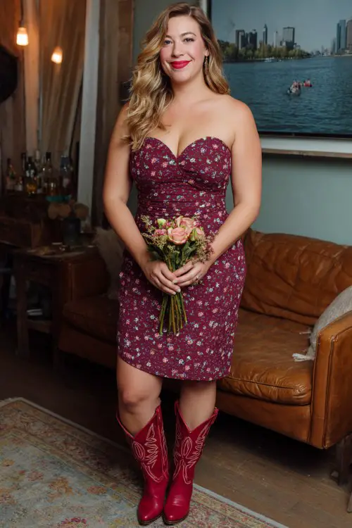A plus-size woman over 40 wears a burgundy floral midi dress with a sweetheart neckline and red cowboy boots