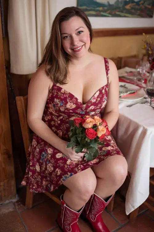 A plus-size woman over 40 wears a burgundy floral midi dress with a sweetheart neckline and red cowboy boots