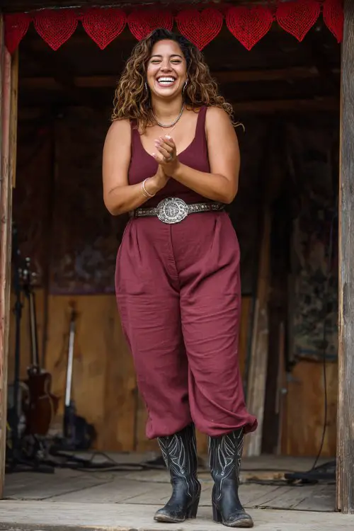 A plus-size woman over 40 wears a fitted burgundy jumpsuit with a silver belt and black western boots