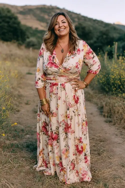 A plus-size woman over 40 wears a flowing floral wrap maxi dress and gold bangles, countryside wedding aisle lined with wildflowers