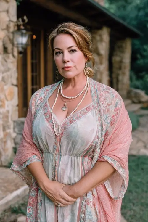 A plus-size woman over 40 wears a pastel embroidered maxi dress with soft shawl, heeled sandals, and layered pearl jewelry, countryside estate wedding garden