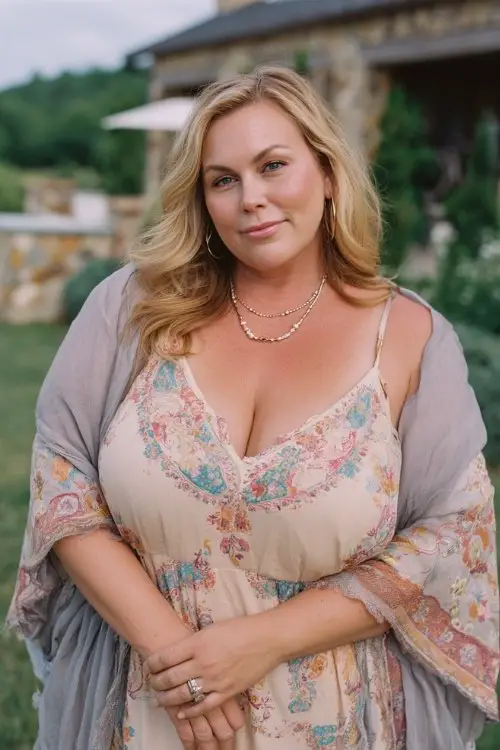 A plus-size woman over 40 wears a pastel embroidered maxi dress with soft shawl, heeled sandals, and layered pearl jewelry, countryside estate wedding garden