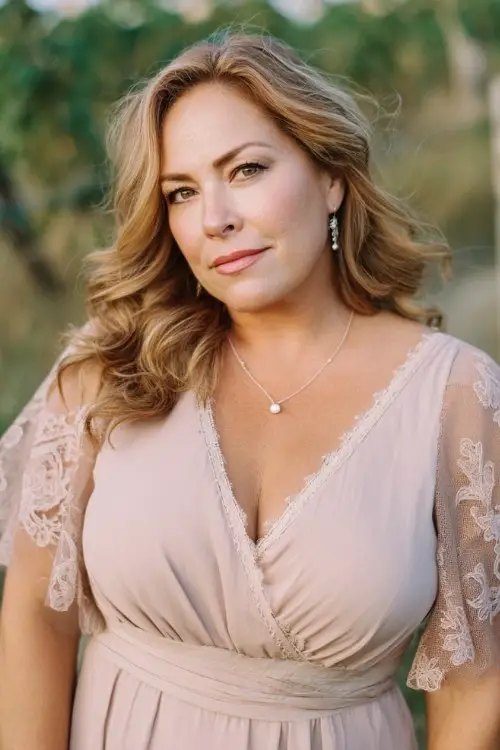 A plus-size woman over 40 wears a soft pastel maxi dress with lace insets and sheer flutter sleeves, classic heels and pearl jewelry