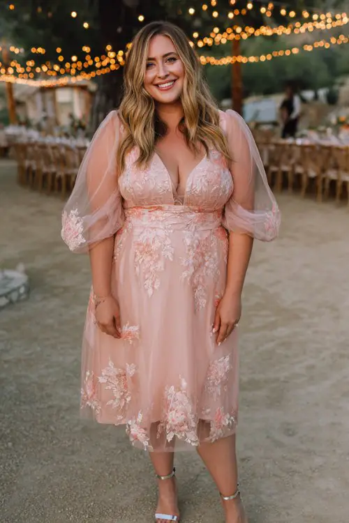 A plus-size woman wears a blush pink tulle midi dress with embroidered florals and sheer puff sleeves, paired with silver ankle-strap heels