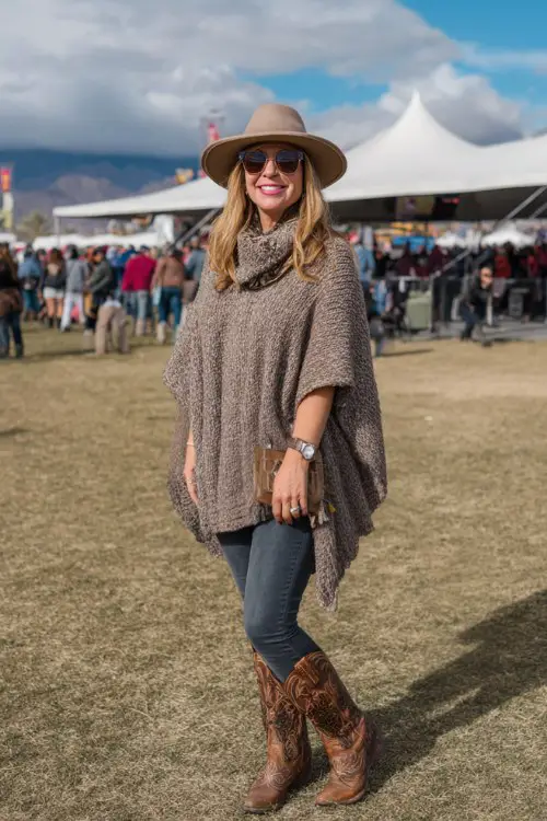 A plus-size woman wears a cozy knit poncho, dark wash jeans, and embroidered cowboy boots with a wide-brim felt hat