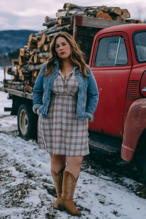 A plus-size woman wears a flannel shirt dress with a denim jacket and tan cowboy boots