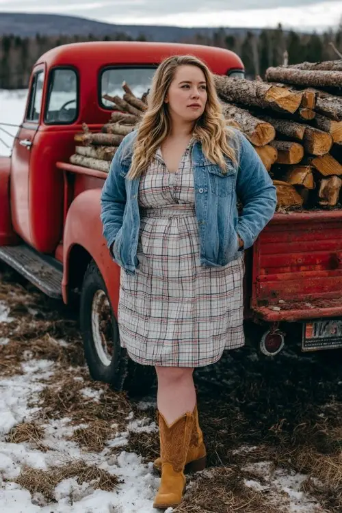 A plus-size woman wears a flannel shirt dress with a denim jacket and tan cowboy boots
