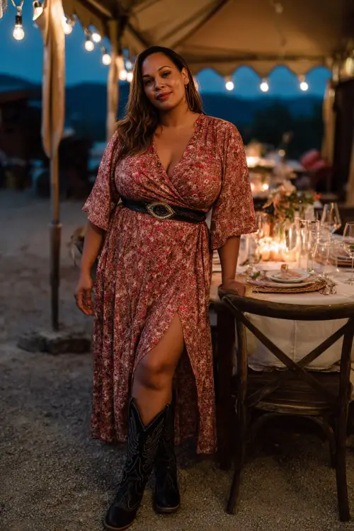 A plus-size woman wears a floral chiffon wrap dress in red and blush tones with black cowboy boots