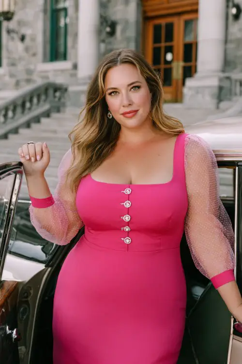 A plus-size woman wears a hot pink long-sleeve midi dress with sheer organza sleeves and rhinestone buttons