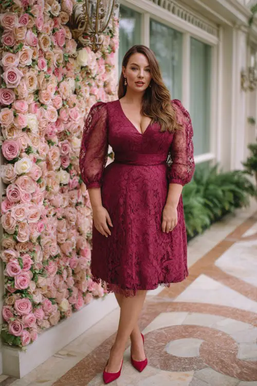 A plus-size woman wears a magenta A-line dress with a sheer embroidered overlay and puffed sleeves