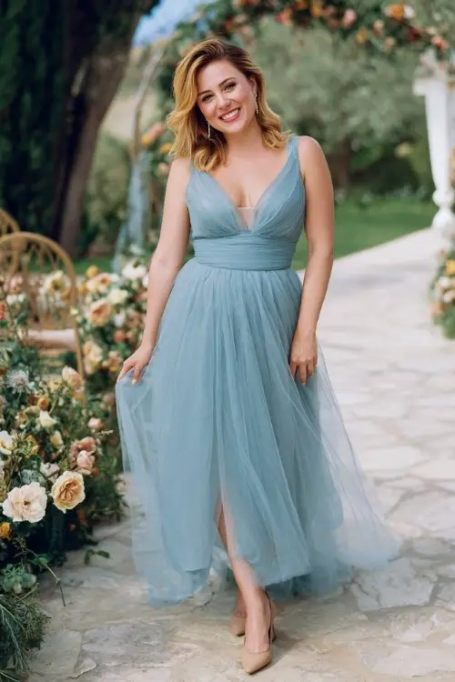 A plus-size woman wears a romantic pastel blue tulle gown with illusion neckline and flowing skirt, paired with refined heels and delicate accessories