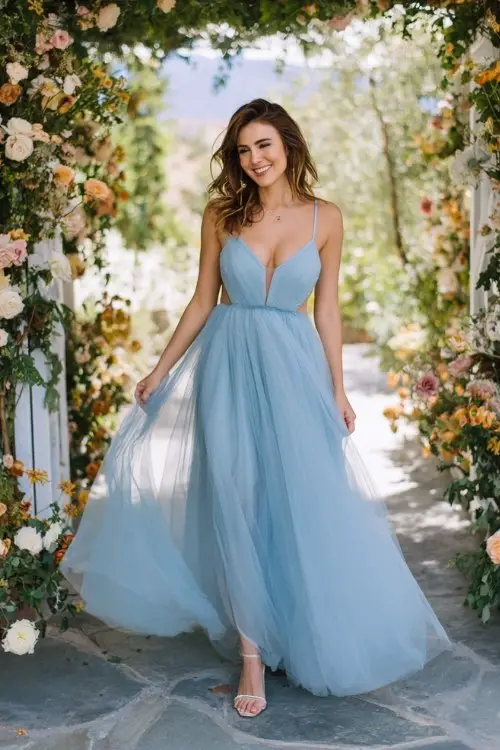 A plus-size woman wears a romantic pastel blue tulle gown with illusion neckline and flowing skirt, paired with refined heels and delicate accessories