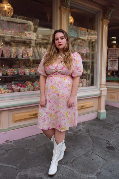A plus-size woman wears a romantic pink floral midi dress with sheer sleeves, white cowboy boots, and pearl accessories