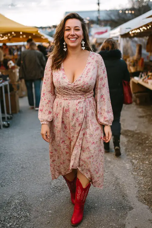 A plus-size woman wears a soft blush floral wrap dress with red cowboy boots and pearl earrings, walking through a festive outdoor Valentine market in Nashville