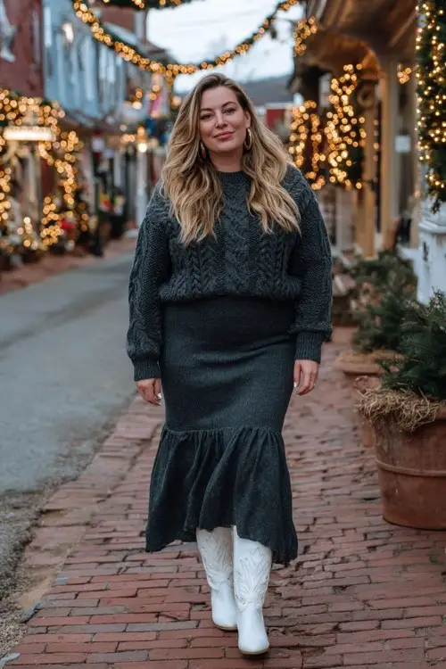 A plus-size woman wears a tiered maxi skirt with a cable-knit sweater tucked in and white cowboy boots