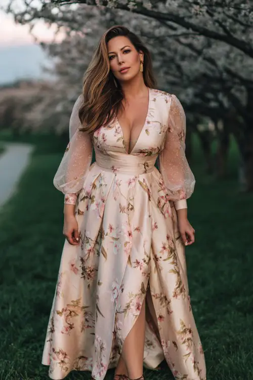 A plus-size woman wears an elegant A-line floral jacquard formal dress with sheer sleeves and structured bodice, paired with chic heeled sandals