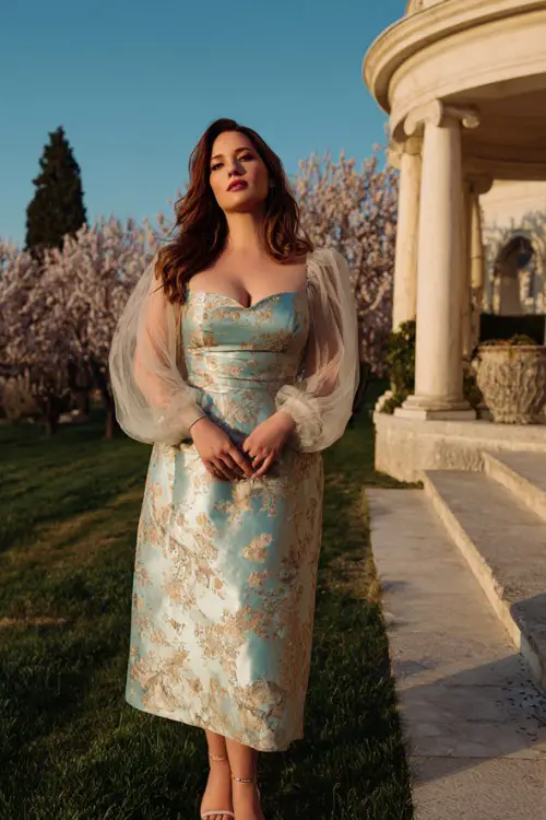 A plus-size woman wears an elegant A-line floral jacquard formal dress with sheer sleeves and structured bodice, paired with chic heeled sandals