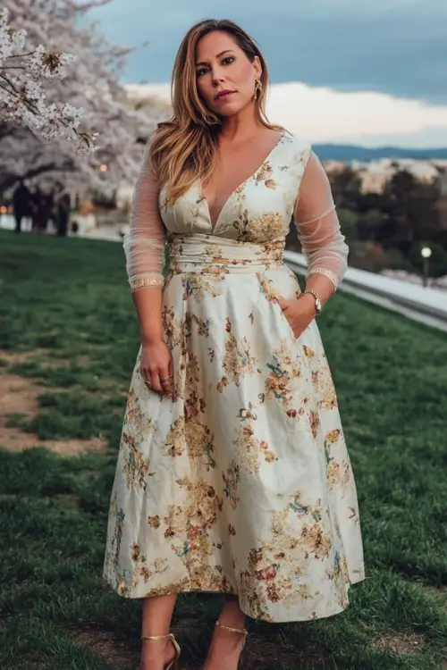 A plus-size woman wears an elegant A-line floral jacquard formal dress with sheer sleeves and structured bodice, paired with chic heeled sandals