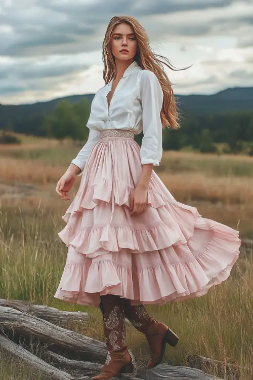 A romantic cowgirl look with a tiered blush pink maxi skirt, white blouse, and embroidered cowboy boots (2)