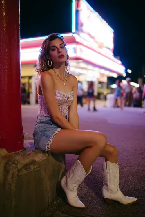 A studded corset top and high-waisted denim shorts pair perfectly with white cowboy boots for a bold, show-off-your-style kind of look.