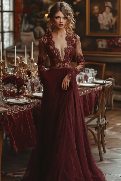 A stylish woman in a burgundy wrap maxi dress with long lace sleeves, a plunging neckline, and a flowing skirt (3)
