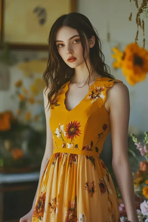 A stylish woman in a sunflower yellow short sleeveless dress with a pleated hemline, floral prints, and a scalloped neckline