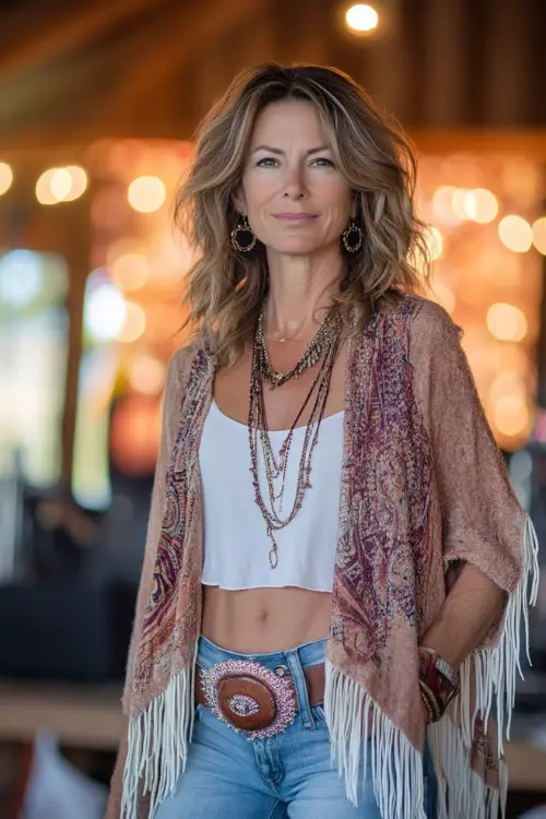 A stylish woman over 40 in a lightweight boho cardigan over a sleeveless top, paired with distressed jeans and fringe cowboy boots
