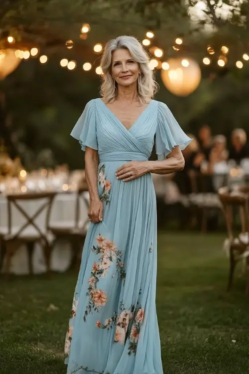 A stylish woman over 50 in a pastel blue wrap maxi dress with flutter sleeves, a pleated hemline, and floral embroidery (3)