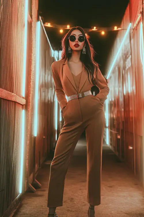 A stylish woman wearing a tailored jumpsuit with a cinched waist, paired with pointed-toe heeled boots and a metallic clutch, accessorized with bold statement earrings,