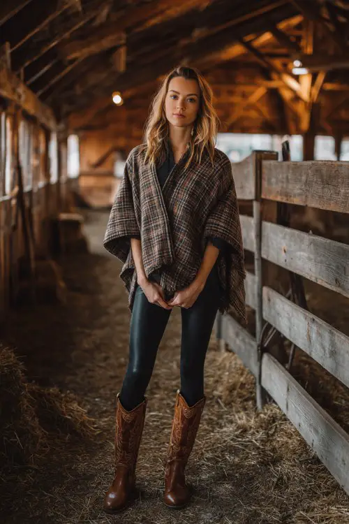 A stylish woman wearing a warm plaid poncho layered over black leggings, paired with brown leather cowboy boots