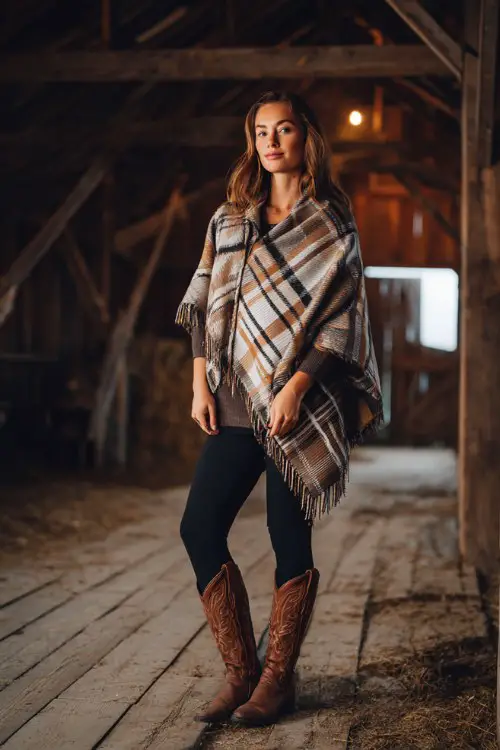 A stylish woman wearing a warm plaid poncho layered over black leggings, paired with brown leather cowboy boots