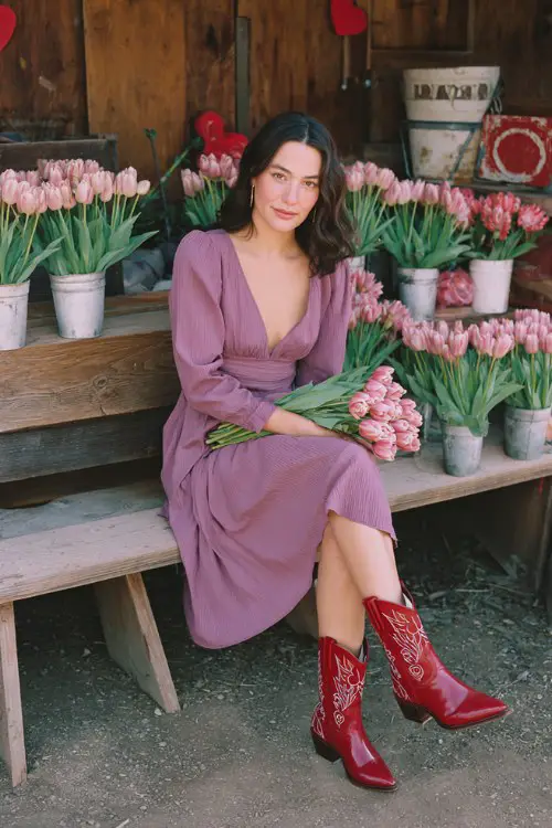 A woman in a mauve V-neck pleated dress sitting on a rustic wooden bench, holding a bouquet of pink tulips, styled with red pointed-toe cowboy boots
