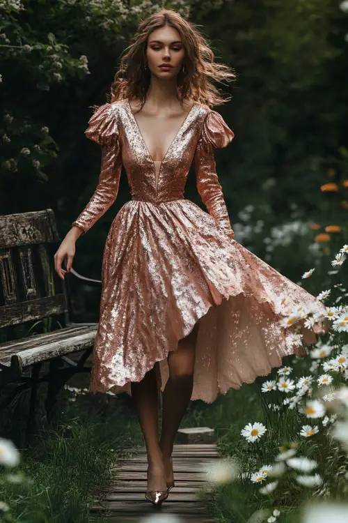 A woman in a metallic rose gold high-low midi dress with puff sleeves, a fitted waist, and subtle embroidery (2)