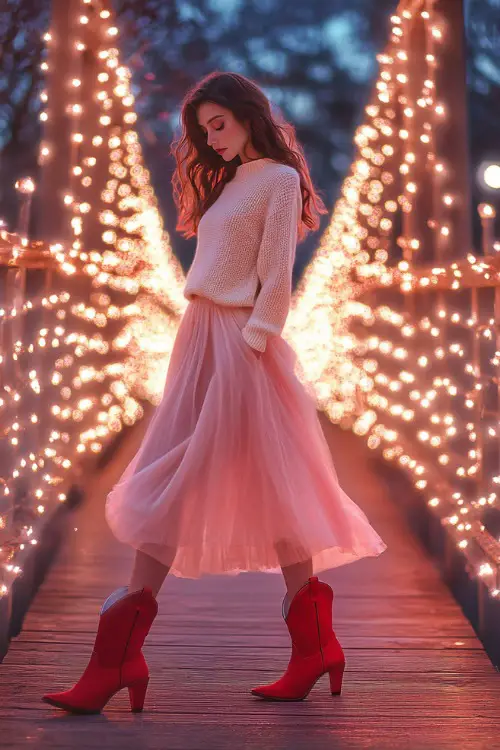 A woman in a pastel pink maxi skirt paired with a white sweater and red cowboy boots,