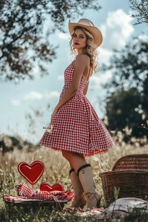 A woman in a red and white gingham dress, paired with beige cowboy boots