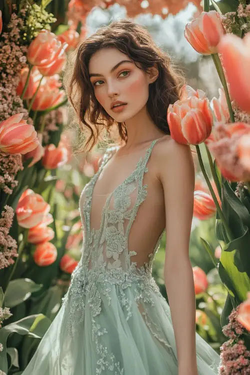 A woman in a sage green sleeveless short dress with lace embroidery, a tulip hemline, and a cinched waist (2)