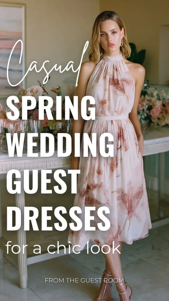 A woman over 30 wears a casual spring wedding guest dress with pastel botanical print and elegant pleated skirt, styled with metallic strappy heels