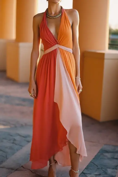 A woman over 30 wears a color-block chiffon dress with artistic draping, metallic heels, and statement rings, contemporary outdoor wedding venue