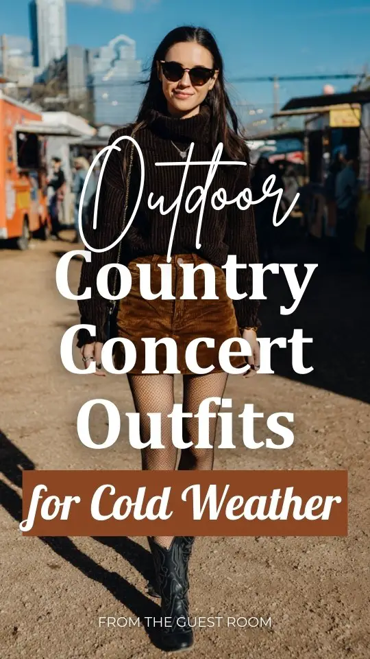 A woman over 30 wears a corduroy mini skirt with black tights, a chunky turtleneck sweater, and classic cowboy boots outfit for an outdoor country concert in cold weather