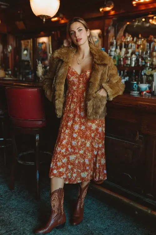 A woman over 30 wears a floral midi dress layered with a cropped faux fur jacket and brown embroidered cowboy boots