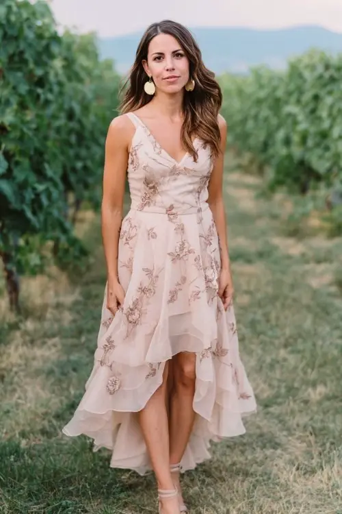 A woman over 30 wears a layered chiffon high-low dress with delicate floral embroidery, pumps, and gold drop earrings, outdoor vineyard wedding backdrop with fresh greenery